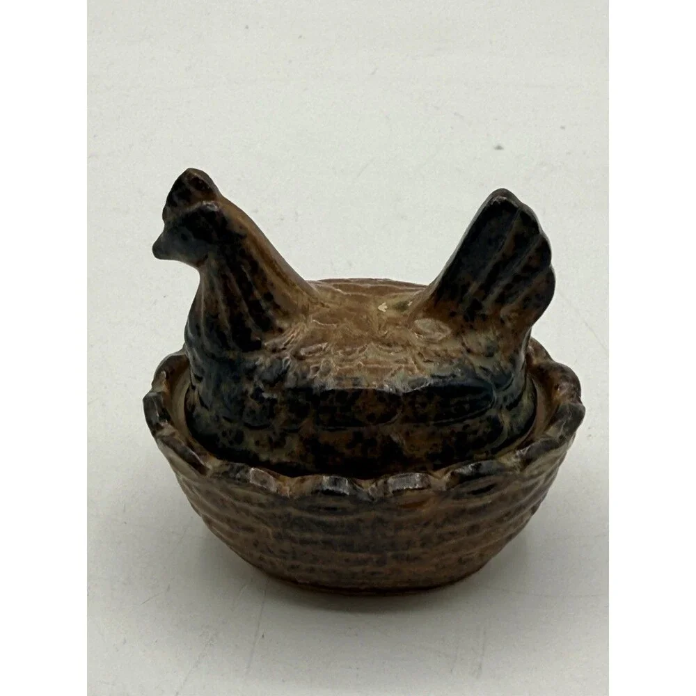 Vintage PWF Japan Mini 2.25” Ceramic Brown Black Drip Hen On The Nest